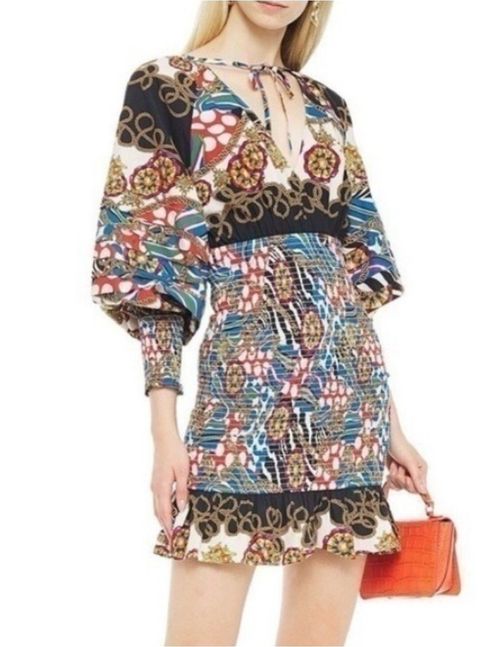 NWT RHODE Anya Printed Blouson-Sleeve Smocked Dress In Chain Print Large